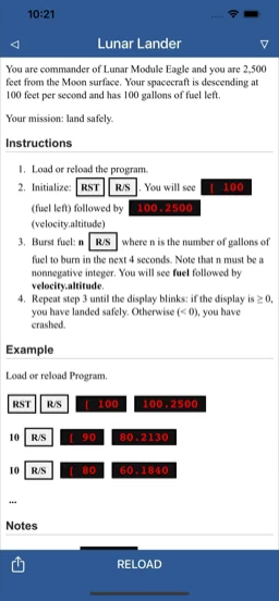 RCL-57 Lunar Lander instructions screen